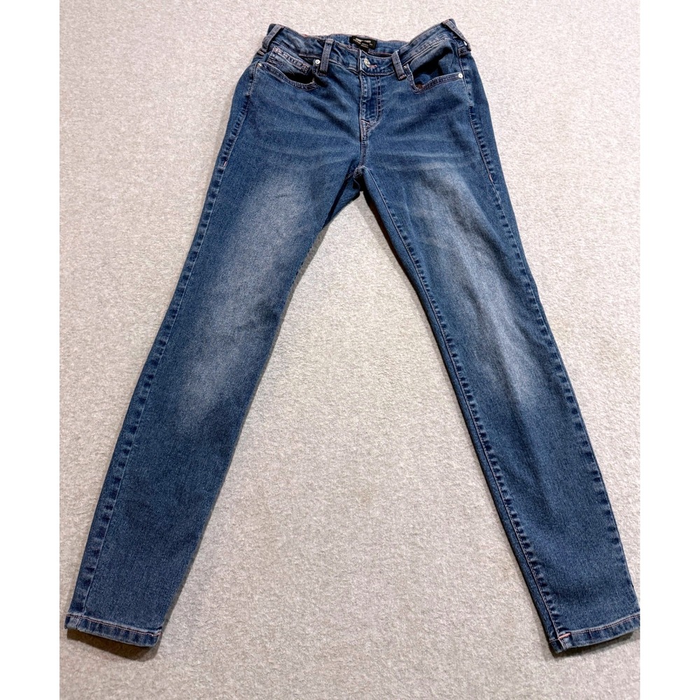 True Religion Jennie Curvy Mid Rise Super Skinny Jeans Blue Rhinestone Size 27